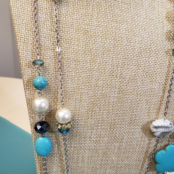 St Emerald, NWT, 2 turquoise, pearl beaded jeweled long silver fashion necklaces - Picture 7 of 16
